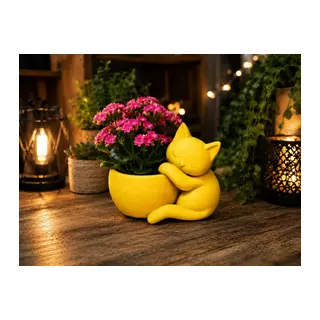 3D Baskı Sarılan Kedi Saksı - Sevimli Dekoratif Saksı - Sarı