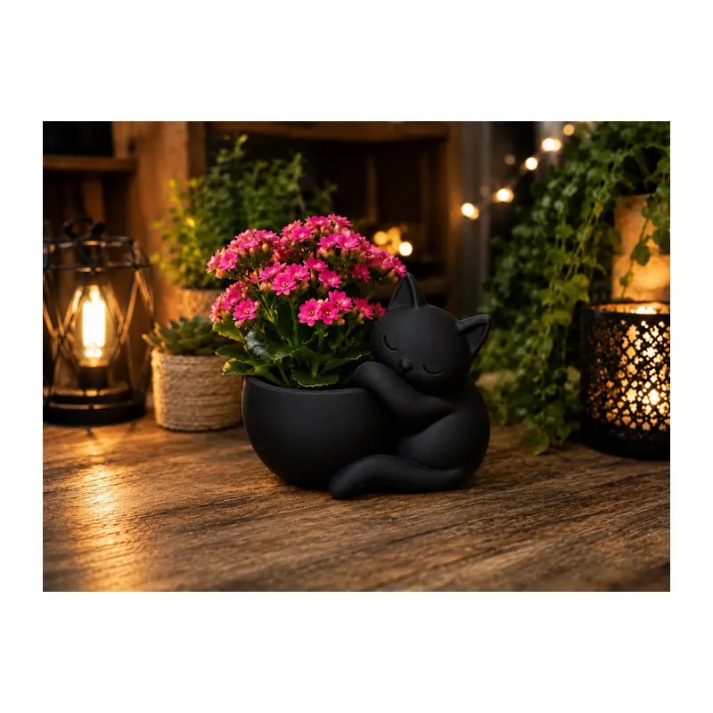 3D Baskı Sarılan Kedi Saksı - Sevimli Dekoratif Saksı - Siyah