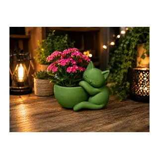 3D Baskı Sarılan Kedi Saksı - Sevimli Dekoratif Saksı - Yeşil