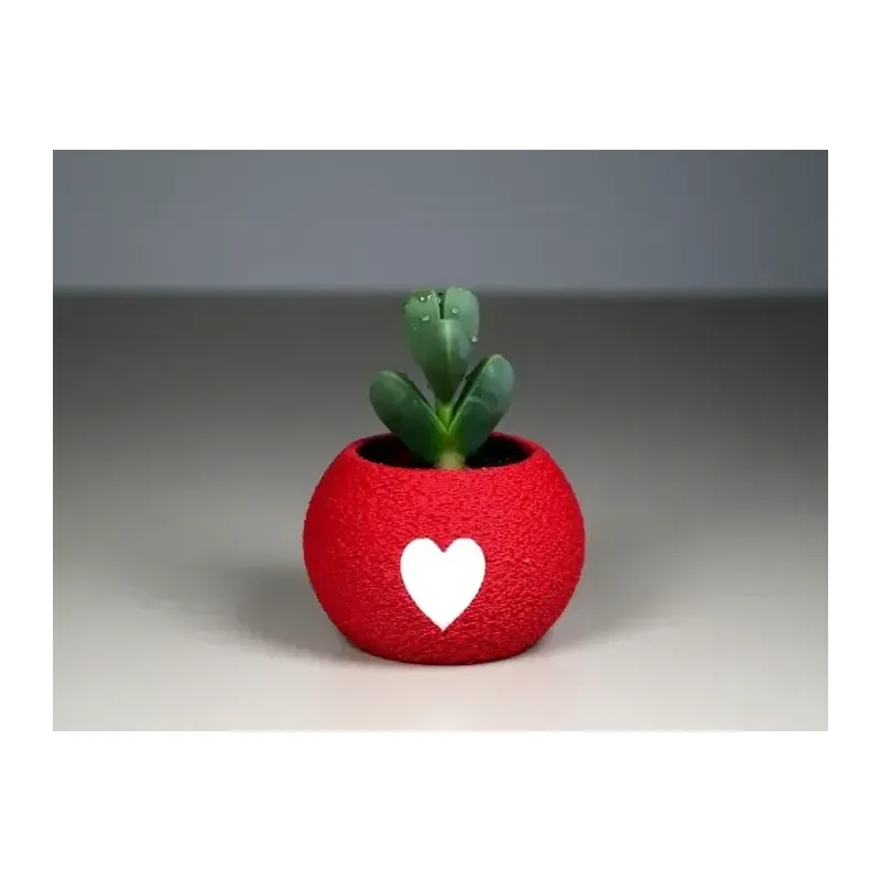 3D Baskı Kalpli Mini Saksı - Kırmızı Beyaz Dekoratif Saksı