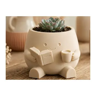 3D Baskı Kitap Okuyan Saksı - Kupa Tutan Sevimli Saksı-Bej