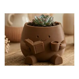3D Baskı Kitap Okuyan Saksı - Kupa Tutan Sevimli Saksı-Kahverengi
