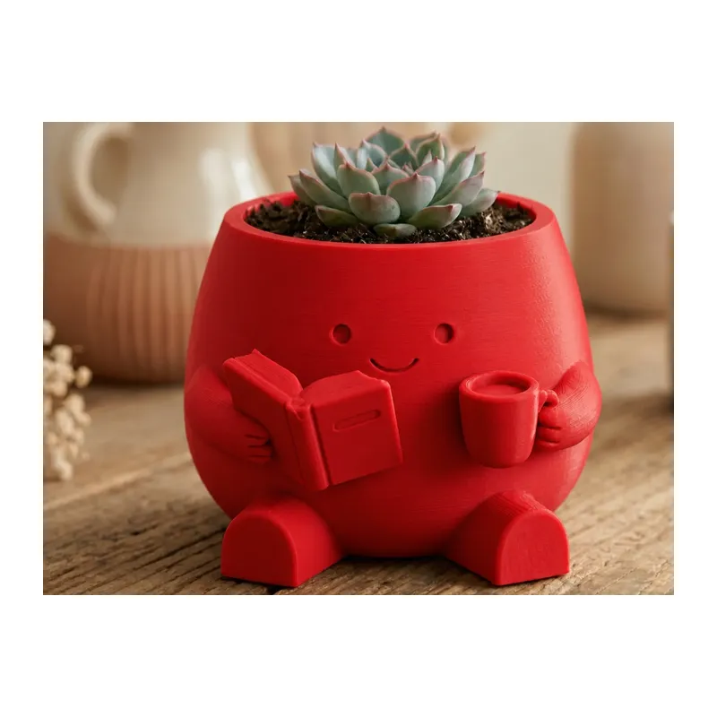 3D Baskı Kitap Okuyan Saksı - Kupa Tutan Sevimli Saksı-Kırmızı