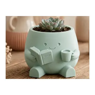 3D Baskı Kitap Okuyan Saksı - Kupa Tutan Sevimli Saksı-Mint