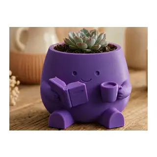 3D Baskı Kitap Okuyan Saksı - Kupa Tutan Sevimli Saksı-Mor