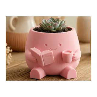 3D Baskı Kitap Okuyan Saksı - Kupa Tutan Sevimli Saksı-Pembe