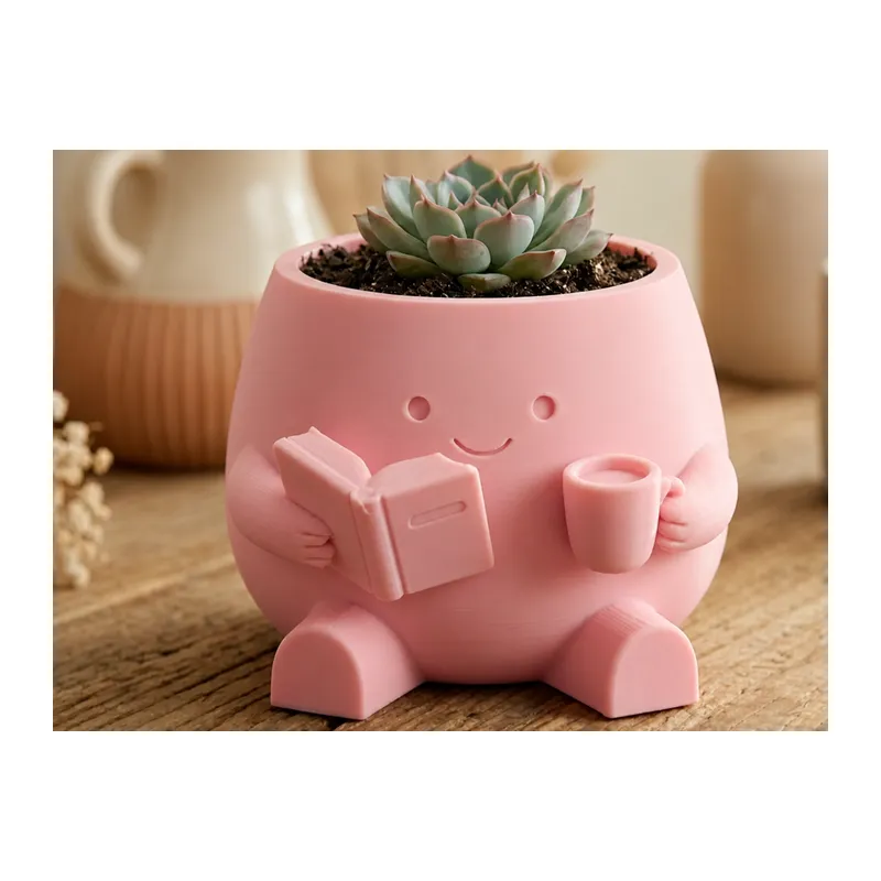 3D Baskı Kitap Okuyan Saksı - Kupa Tutan Sevimli Saksı-Pembe