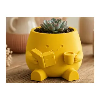 3D Baskı Kitap Okuyan Saksı - Kupa Tutan Sevimli Saksı-Sarı
