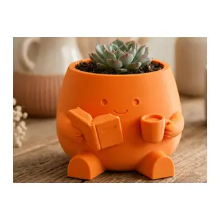 3D Baskı Kitap Okuyan Saksı - Kupa Tutan Sevimli Saksı-Turuncu