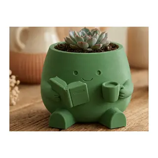 3D Baskı Kitap Okuyan Saksı - Kupa Tutan Sevimli Saksı-Yeşil