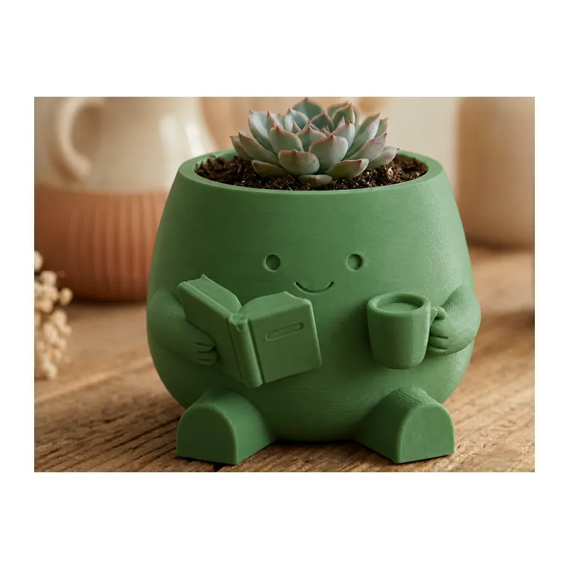 3D Baskı Kitap Okuyan Saksı - Kupa Tutan Sevimli Saksı-Yeşil