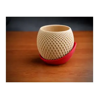3D Baskı Küre Saksı - Kafes Dokulu İki Parçalı Dekoratif Saksı - Bej-Kırmızı