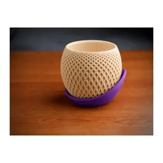 3D Baskı Küre Saksı - Kafes Dokulu İki Parçalı Dekoratif Saksı - Bej-Mor