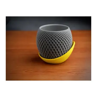 3D Baskı Küre Saksı - Kafes Dokulu İki Parçalı Dekoratif Saksı - Gri-Sarı