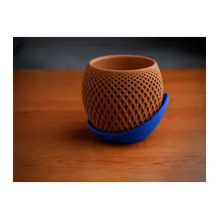 3D Baskı Küre Saksı - Kafes Dokulu İki Parçalı Dekoratif Saksı - Kahverengi-Mavi