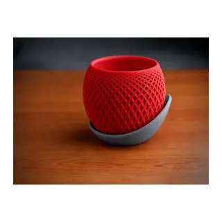 3D Baskı Küre Saksı - Kafes Dokulu İki Parçalı Dekoratif Saksı - Kırmızı-Gri