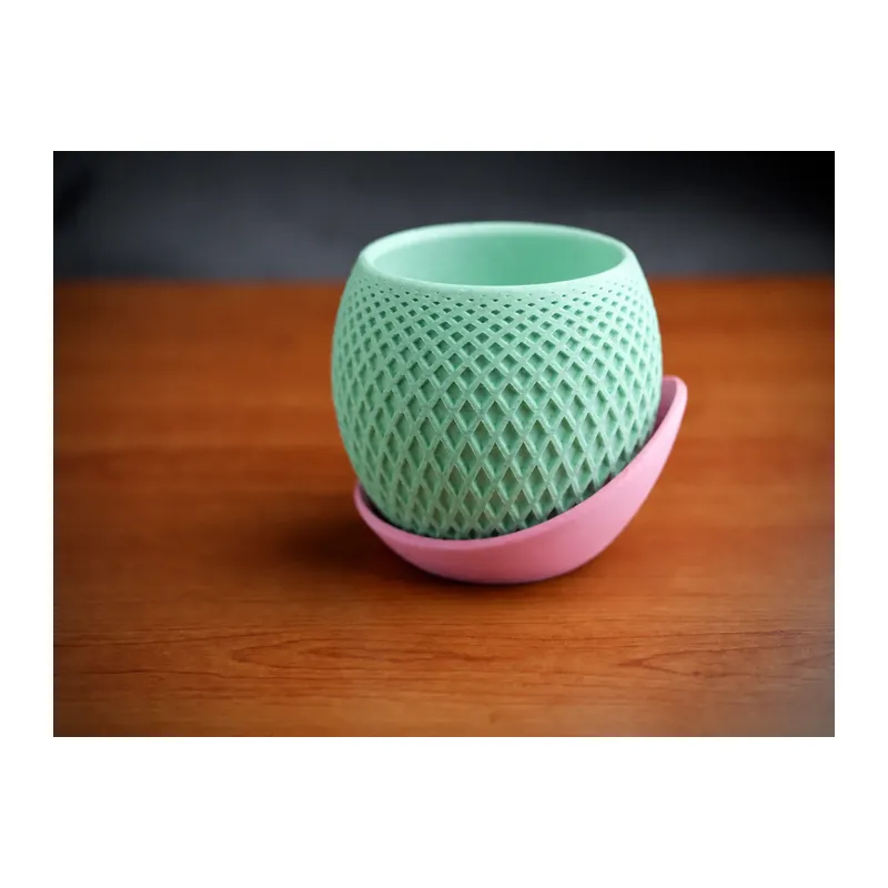3D Baskı Küre Saksı - Kafes Dokulu İki Parçalı Dekoratif Saksı - Mint-Pembe