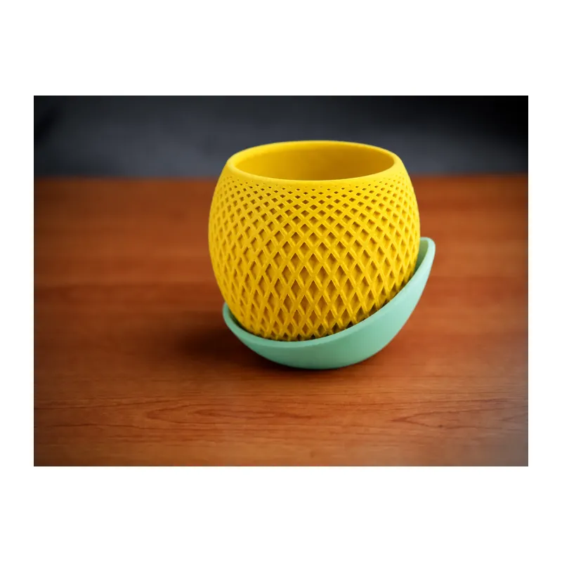 3D Baskı Küre Saksı - Kafes Dokulu İki Parçalı Dekoratif Saksı - Sarı-Mint