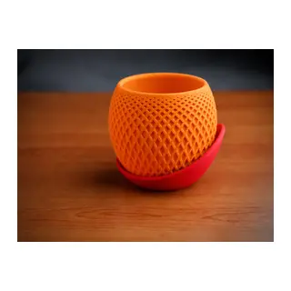 3D Baskı Küre Saksı - Kafes Dokulu İki Parçalı Dekoratif Saksı - Turuncu-Kırmızı
