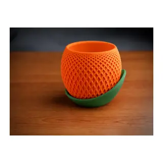 3D Baskı Küre Saksı - Kafes Dokulu İki Parçalı Dekoratif Saksı - Turuncu-Yeşil