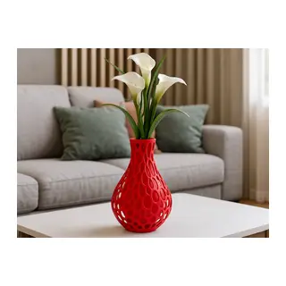 3D Baskı Petek Dokulu Vazo - Delikli Dekoratif Vazo-Kırmızı