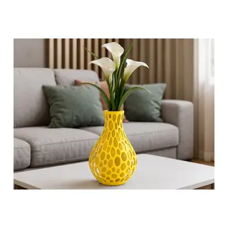 3D Baskı Petek Dokulu Vazo - Delikli Dekoratif Vazo-Sarı