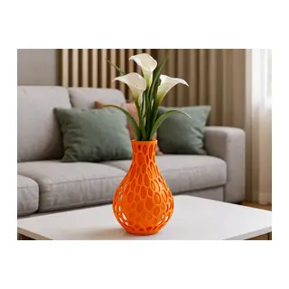 3D Baskı Petek Dokulu Vazo - Delikli Dekoratif Vazo-Turuncu
