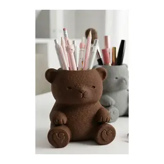 3D Baskı Sevimli Ayıcık Kalemlik - Masaüstü Organizer - Kahverengi