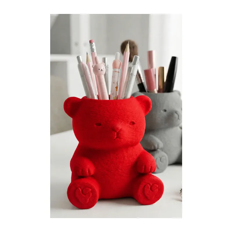 3D Baskı Sevimli Ayıcık Kalemlik - Masaüstü Organizer - Kırmızı
