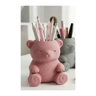 3D Baskı Sevimli Ayıcık Kalemlik - Masaüstü Organizer - Pembe