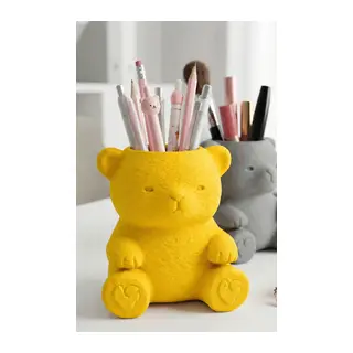 3D Baskı Sevimli Ayıcık Kalemlik - Masaüstü Organizer - Sarı