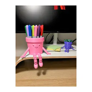 3D Baskı Hareketli Gülen Kalemlik - Eklemli Masaüstü Organizer - Pembe
