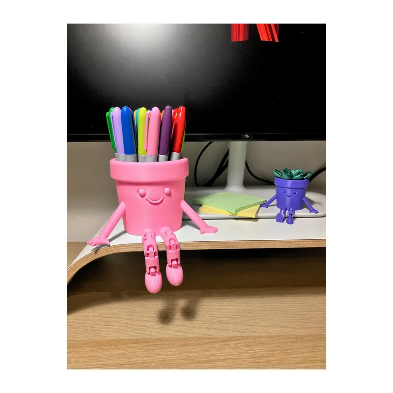 3D Baskı Hareketli Gülen Kalemlik - Eklemli Masaüstü Organizer - Pembe