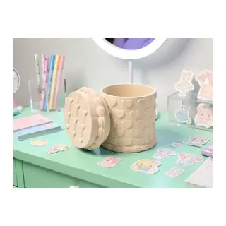 3D Baskı Kabartma Kalp Desenli Kapaklı Kalemlik - Masaüstü Organizer - Bej