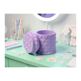 3D Baskı Kabartma Kalp Desenli Kapaklı Kalemlik - Masaüstü Organizer - Mor
