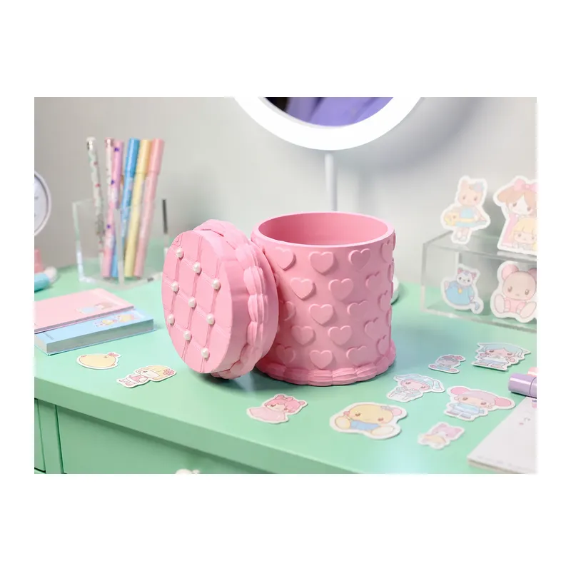 3D Baskı Kabartma Kalp Desenli Kapaklı Kalemlik - Masaüstü Organizer - Pembe