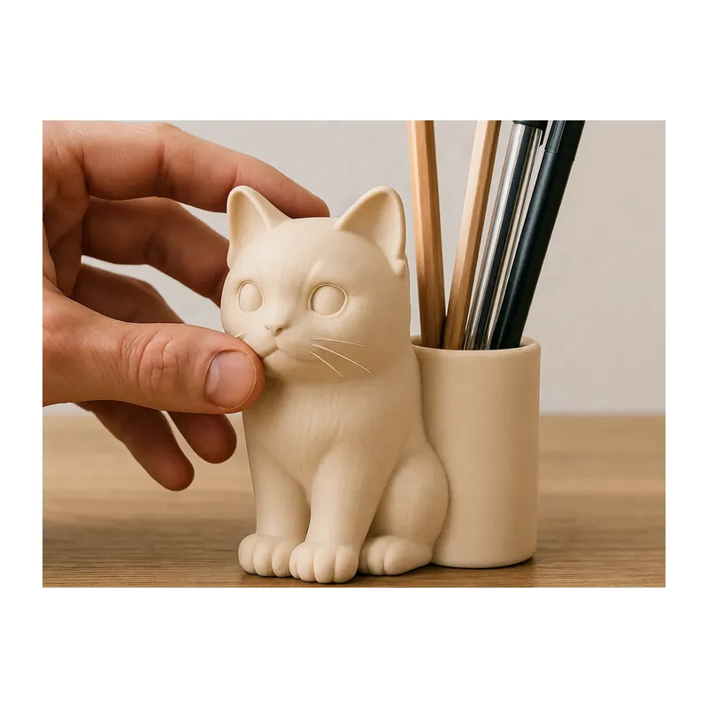 3D Baskı Kedi Figürlü Kalemlik - Masaüstü Organizer - Bej
