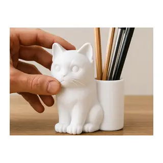 3D Baskı Kedi Figürlü Kalemlik - Masaüstü Organizer - Beyaz