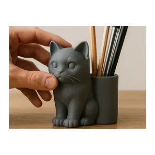 3D Baskı Kedi Figürlü Kalemlik - Masaüstü Organizer - Gri