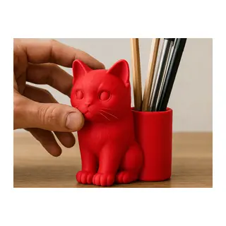 3D Baskı Kedi Figürlü Kalemlik - Masaüstü Organizer - Kırmızı