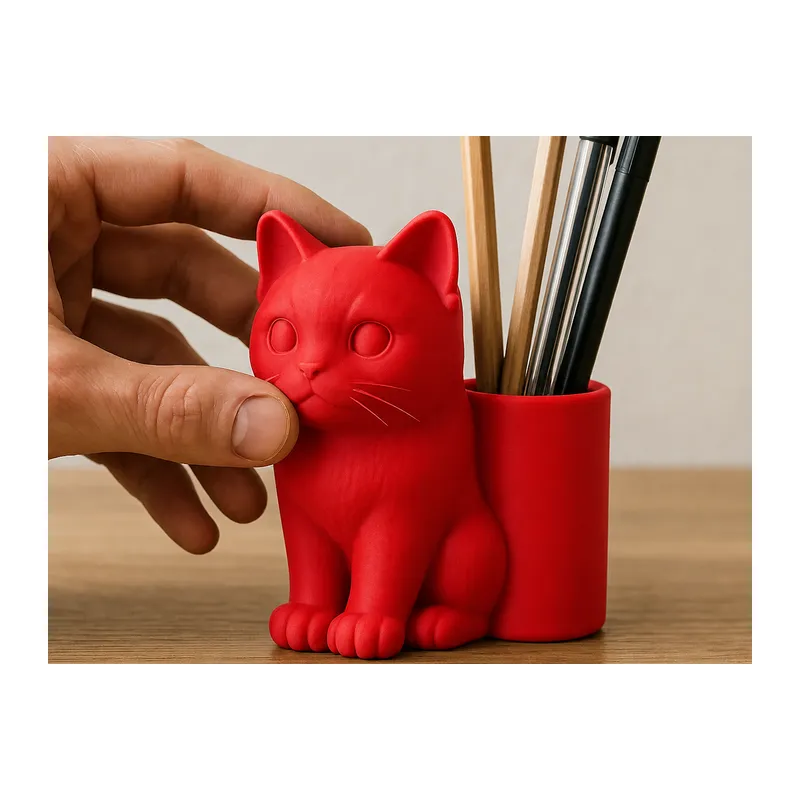 3D Baskı Kedi Figürlü Kalemlik - Masaüstü Organizer - Kırmızı