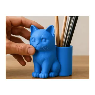3D Baskı Kedi Figürlü Kalemlik - Masaüstü Organizer - Mavi