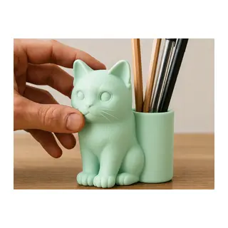 3D Baskı Kedi Figürlü Kalemlik - Masaüstü Organizer - Mint