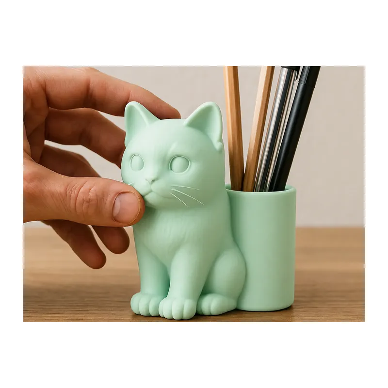 3D Baskı Kedi Figürlü Kalemlik - Masaüstü Organizer - Mint
