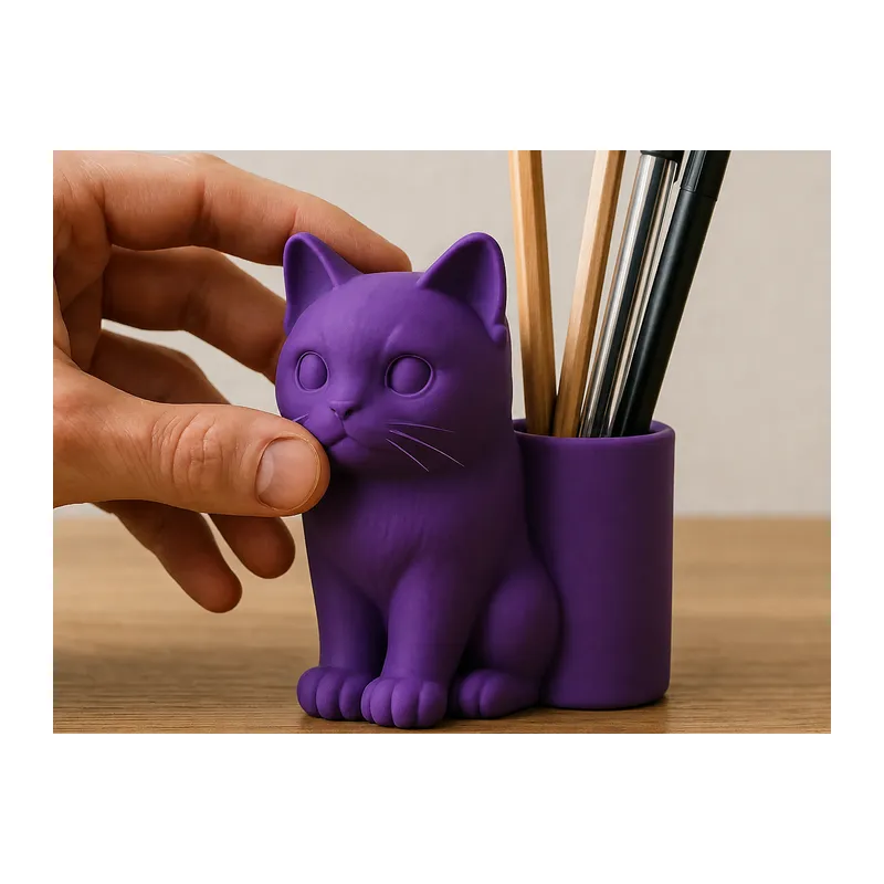 3D Baskı Kedi Figürlü Kalemlik - Masaüstü Organizer - Mor