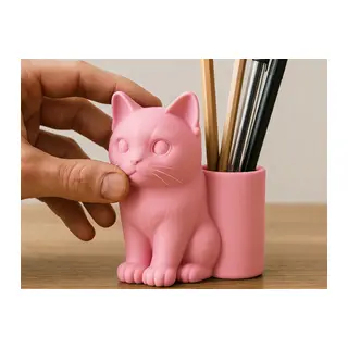 3D Baskı Kedi Figürlü Kalemlik - Masaüstü Organizer - Pembe