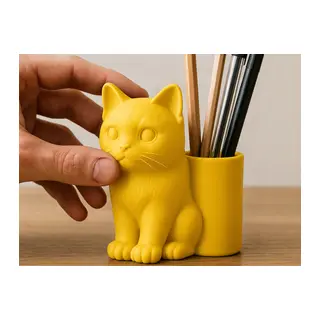 3D Baskı Kedi Figürlü Kalemlik - Masaüstü Organizer - Sarı