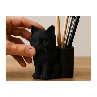 3D Baskı Kedi Figürlü Kalemlik - Masaüstü Organizer - Siyah