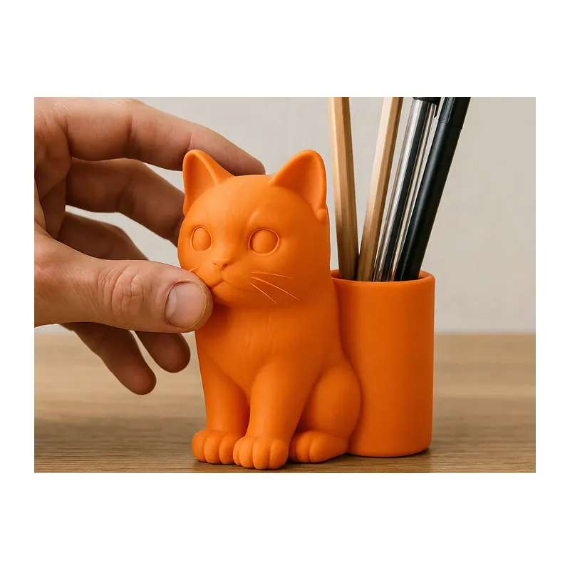 3D Baskı Kedi Figürlü Kalemlik - Masaüstü Organizer - Turuncu