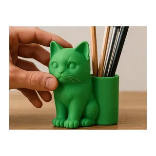 3D Baskı Kedi Figürlü Kalemlik - Masaüstü Organizer - Yeşil